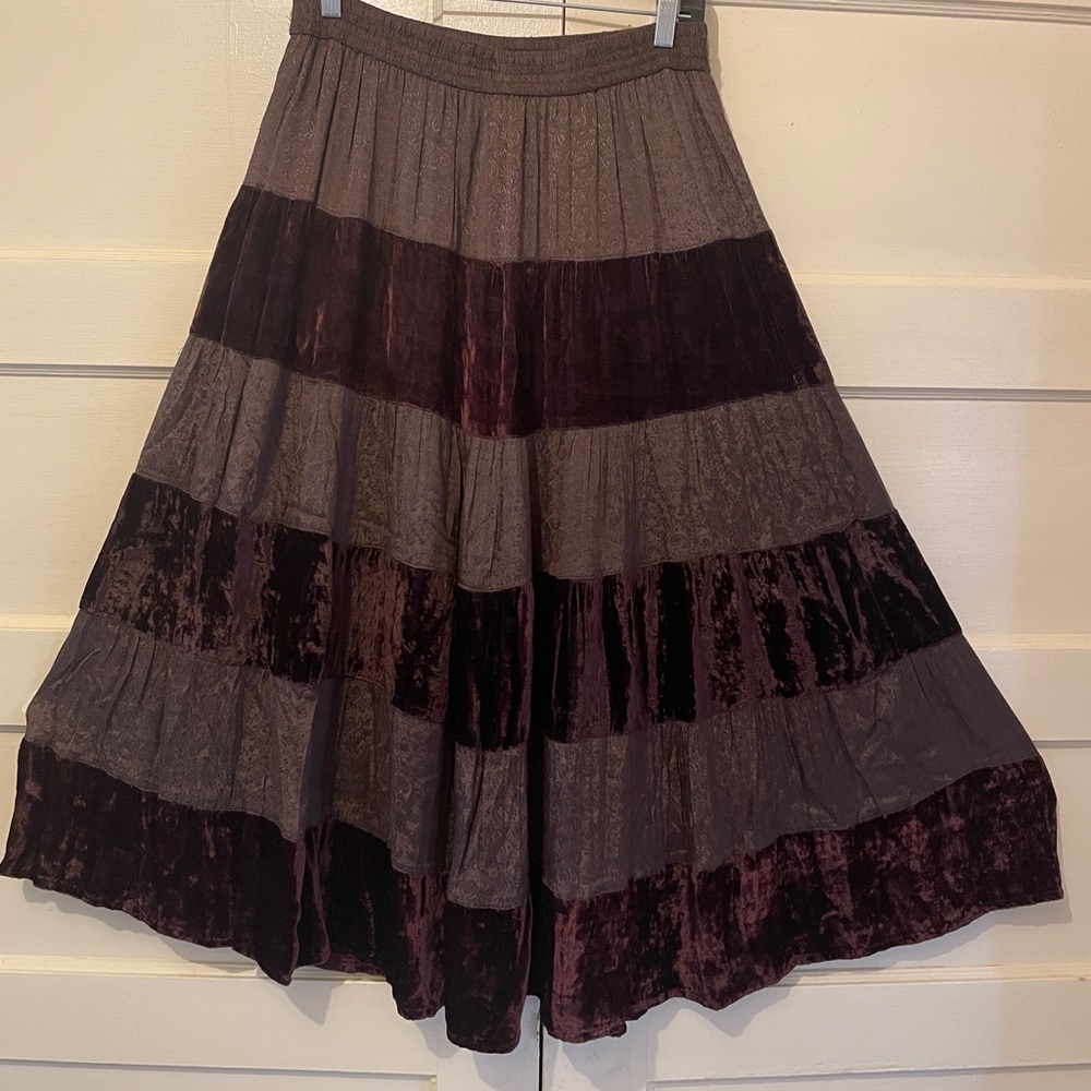 Brown Boho Tiered Flowing Midi Skirt with Elastic Waist - Picture 1 of 5